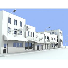 Line of shops and 4 storey building